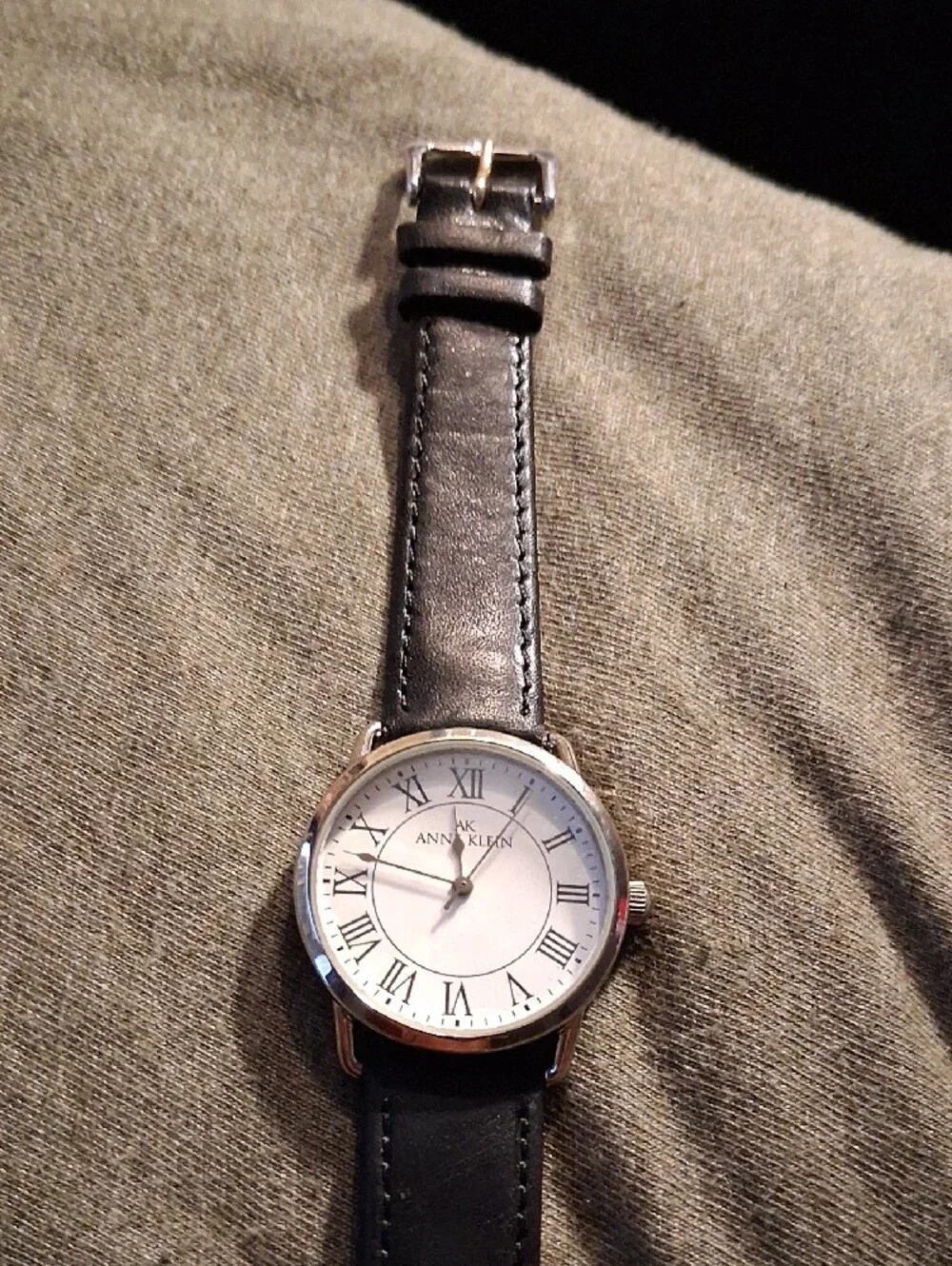 Anne Klein Silver Case White Dial Watch with Black Leather Strap